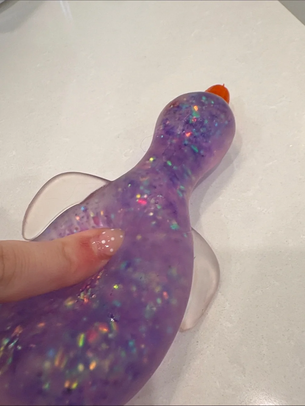 Purple Glitter Goose squishy toy with Orange Beak and Feet